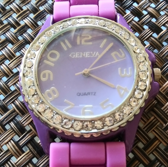 Geneva Silicone Band with Rhinestone Face Watch Stainless Steel Purple - Picture 3 of 8
